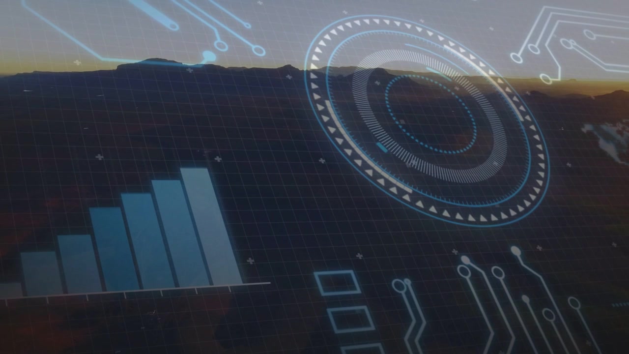 On boot tech HUD booting animating bars pulsing radar powering traces for data view revealing dawn