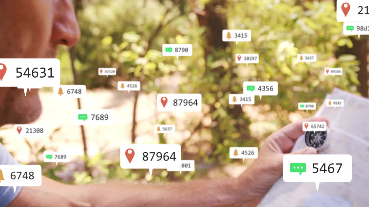 Using smartphone outdoors, person with animation of numbers and location icons