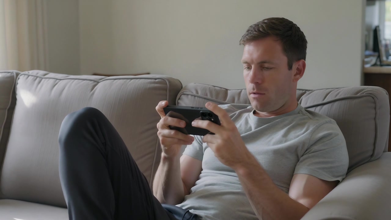 Game starting, adult man pressing gamepad controls on sofa, reacting to screen, wearing gray shirt