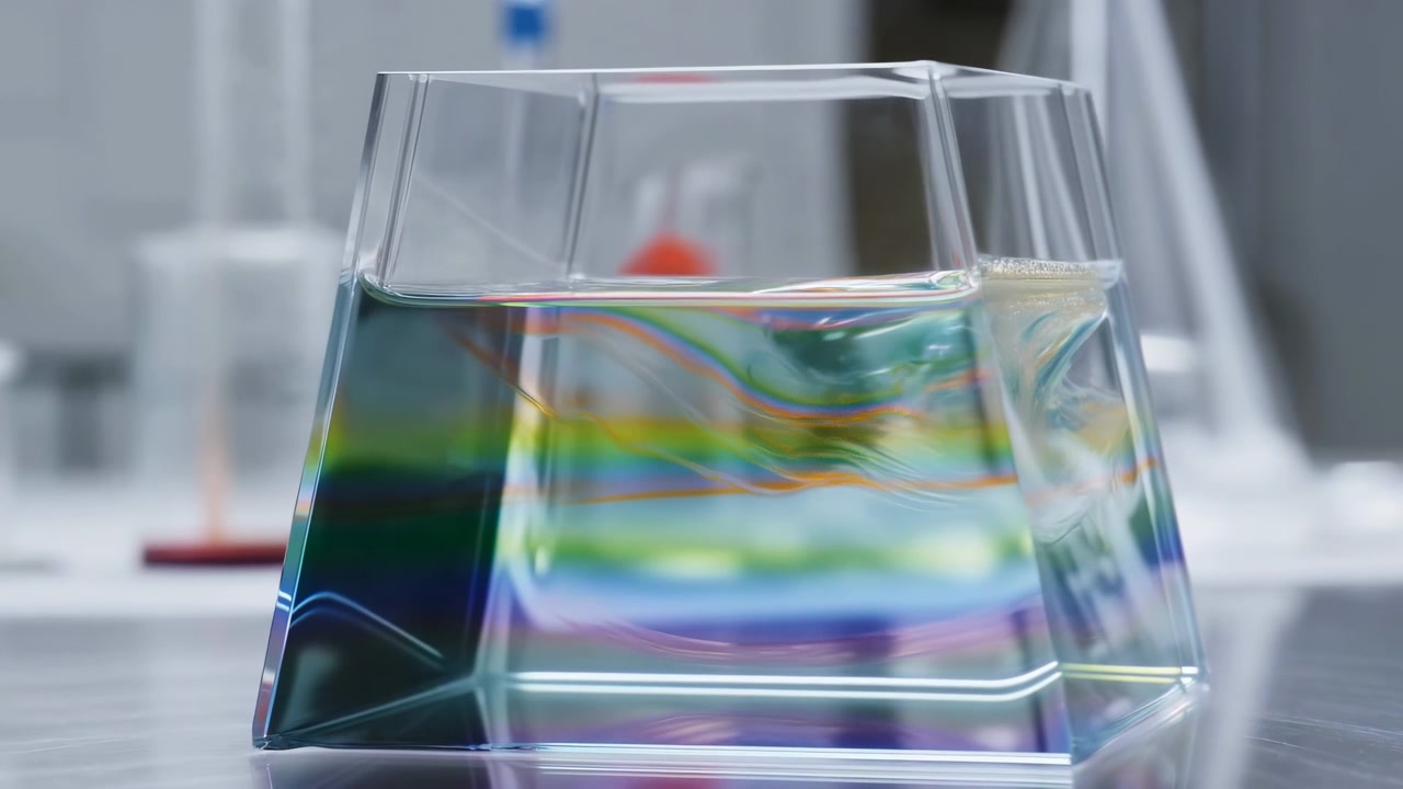 Liquido trasparente all'interno di un contenitore angolare trasparente produce riflessi spettrali e bande di colore ondulate, mentre una luminosa illuminazione neutra rivela bordi nitidi contro uno sfondo di laboratorio delicatamente sfocato.