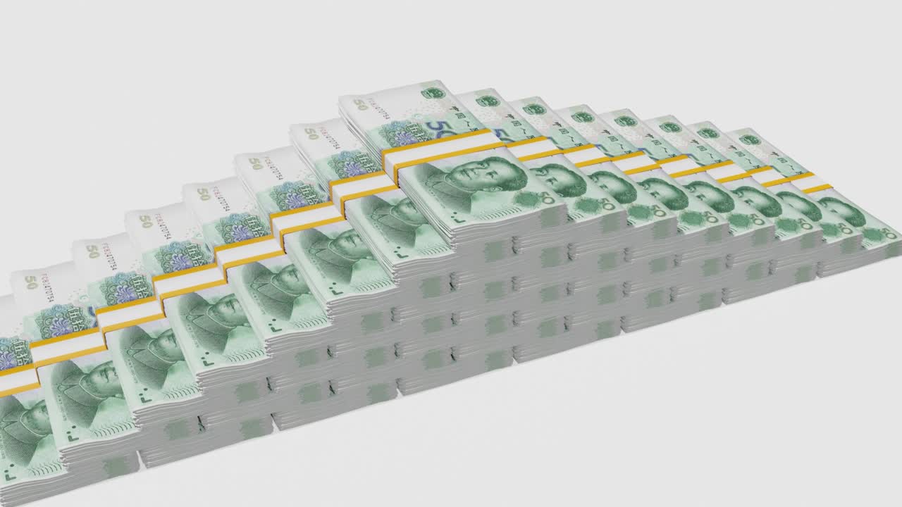Many wads of money. 50 Chinese Yuan banknotes. Stacks of money.