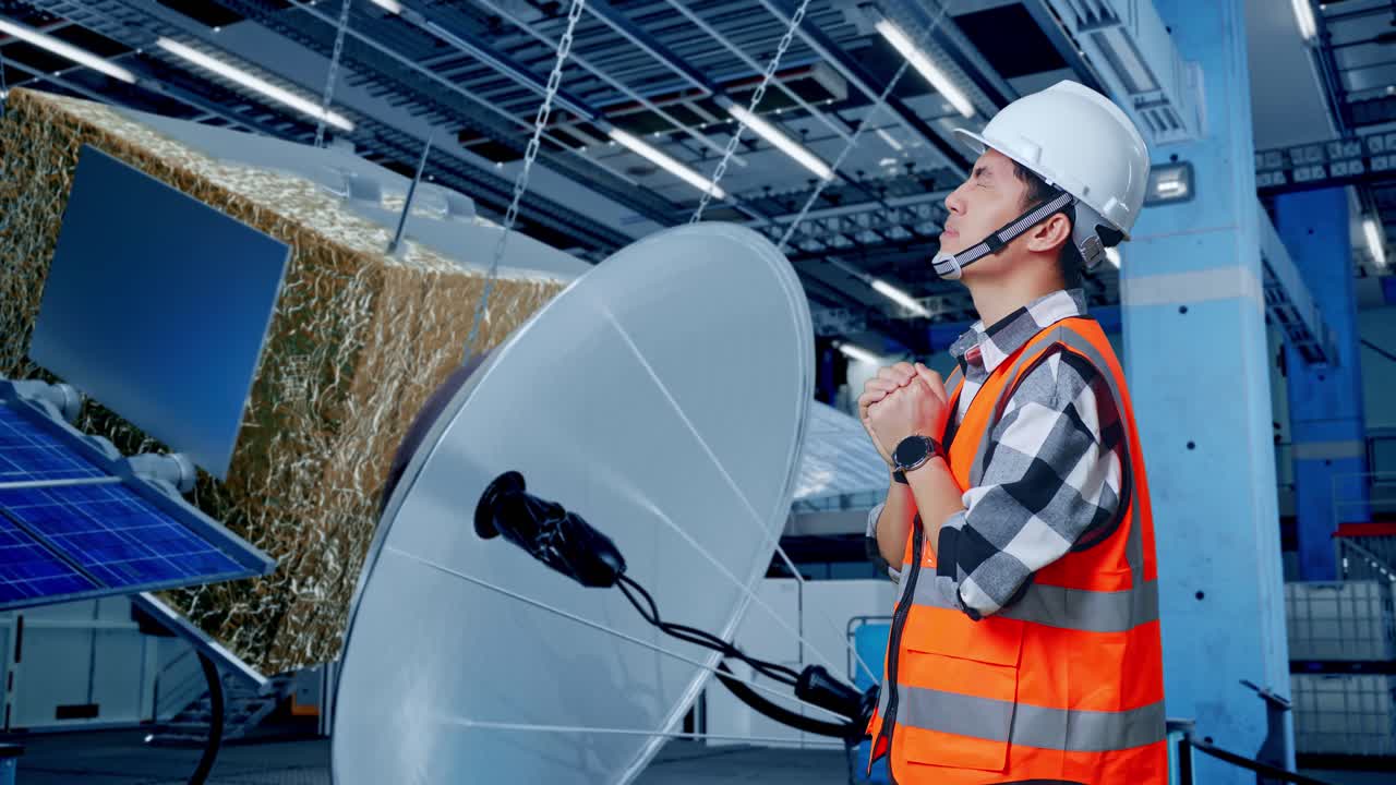 ingeniero orando antes del mantenimiento del satélite