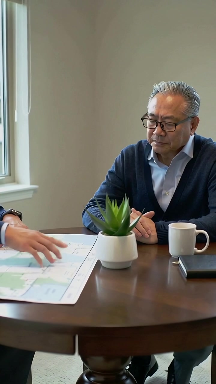 Vertical video: Map opening spurring presenter tracing routes at office, man watching to plan