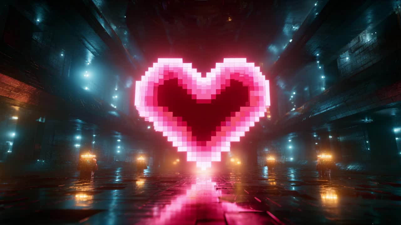 A vibrant pixelated heart glowing in a dark, atmospheric environment, surrounded by beams of colorful light, creating a surreal and modern artistic representation of love and connection in a digital world