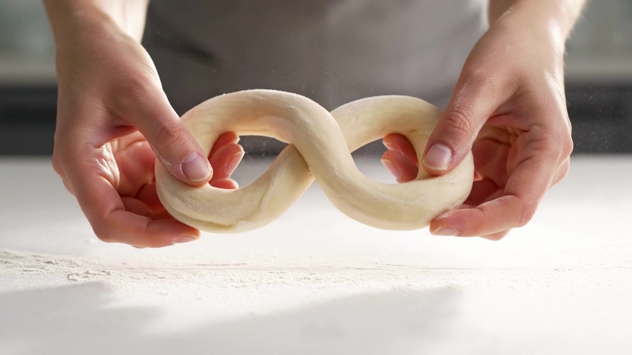 Baker Shaping Dough into an Infinity Symbol on a Floured Surface