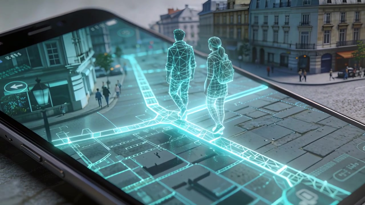 Map activating, neon wireframe avatars walking along route on phone at plaza toward waypoint