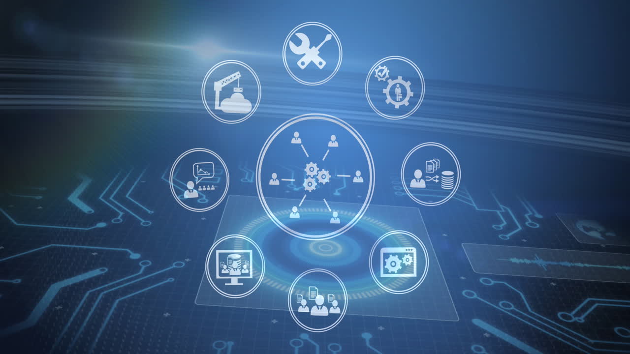 컴퓨터 회로판 위의 디지털 아이콘 네트워크의 애니메이션