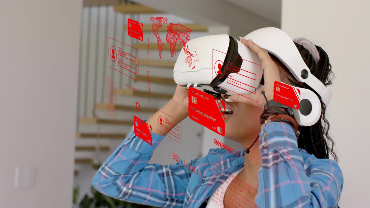 Woman lifting white VR headset by staircase, activating red holo tech UI and exploring virtual map