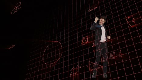 animation of data processing and mathematical equations over businessman jumping with joy