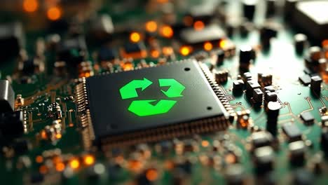 recycling's tech importance now. close-up view of a circuit board showcasing a green recycling symbol, emphasizing sustainability in modern electronics.