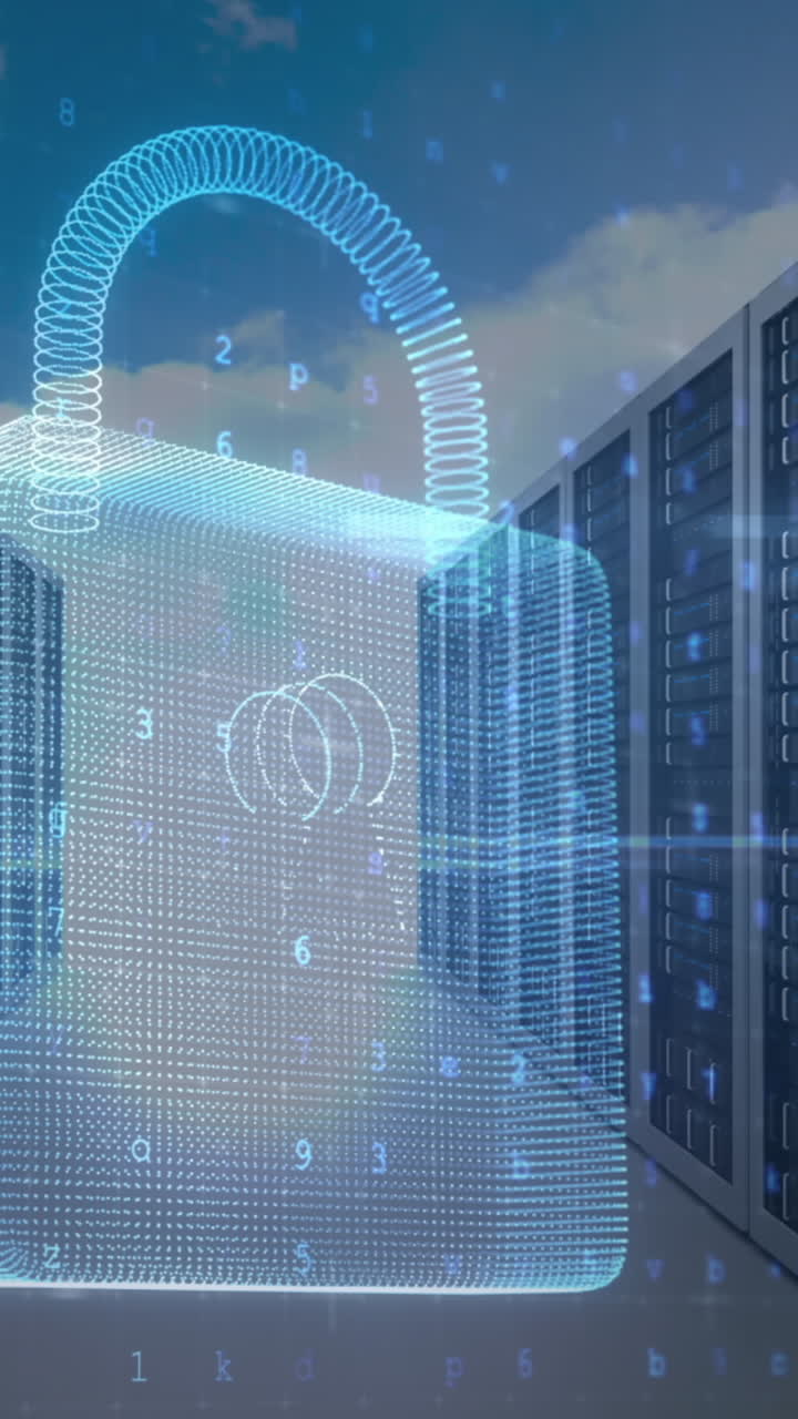 Animation of data processing and padlock over server room and sky