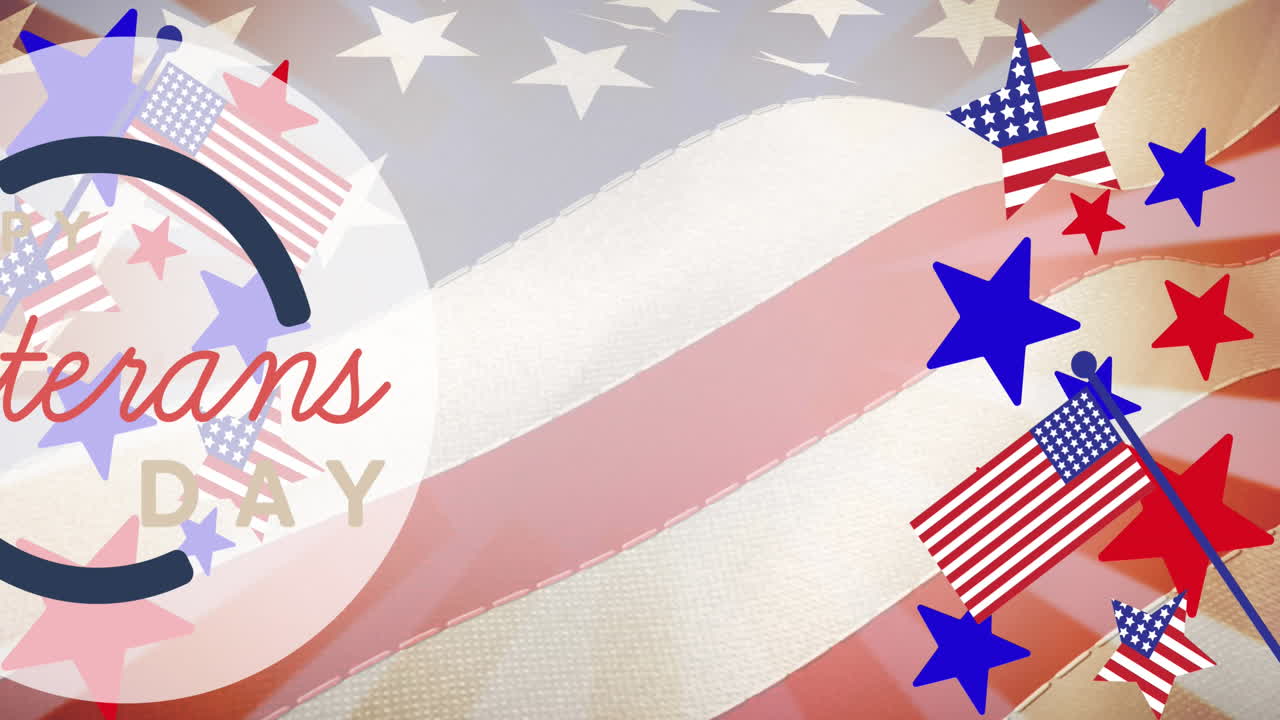Animation of happy veterans day text over american flags and flag elements
