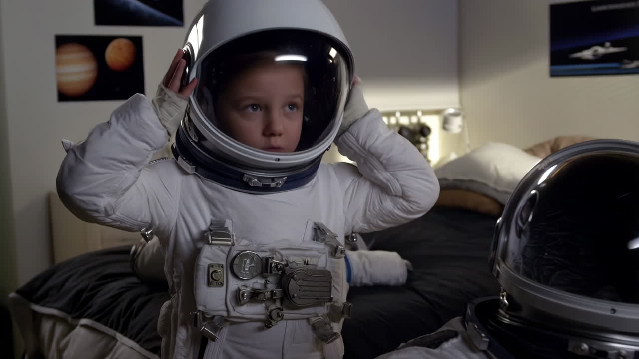 Un niño pequeño con un traje de astronauta se prepara para su aventura espacial en su dormitorio.