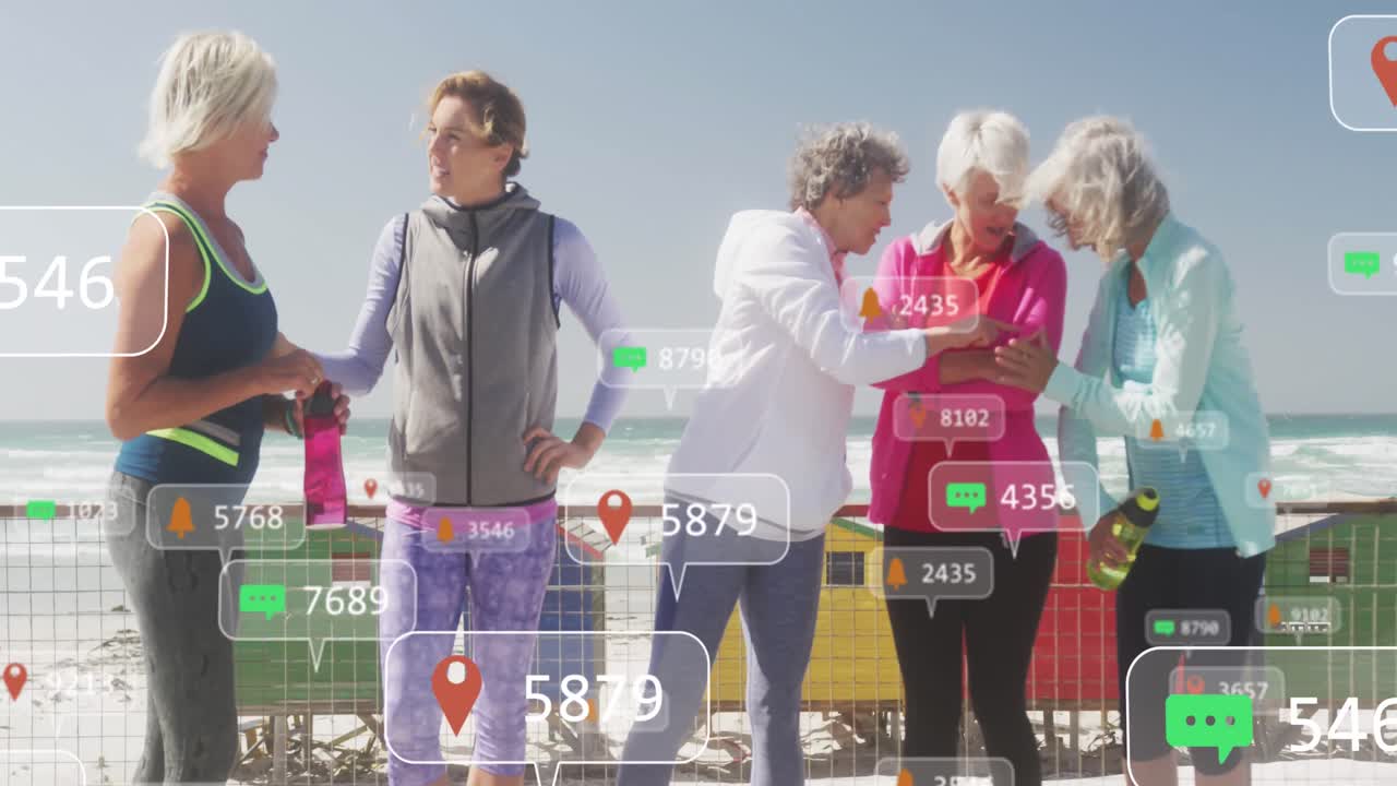 운동하는 노인 여성에 대한 소셜 미디어 아이콘의 애니메이션