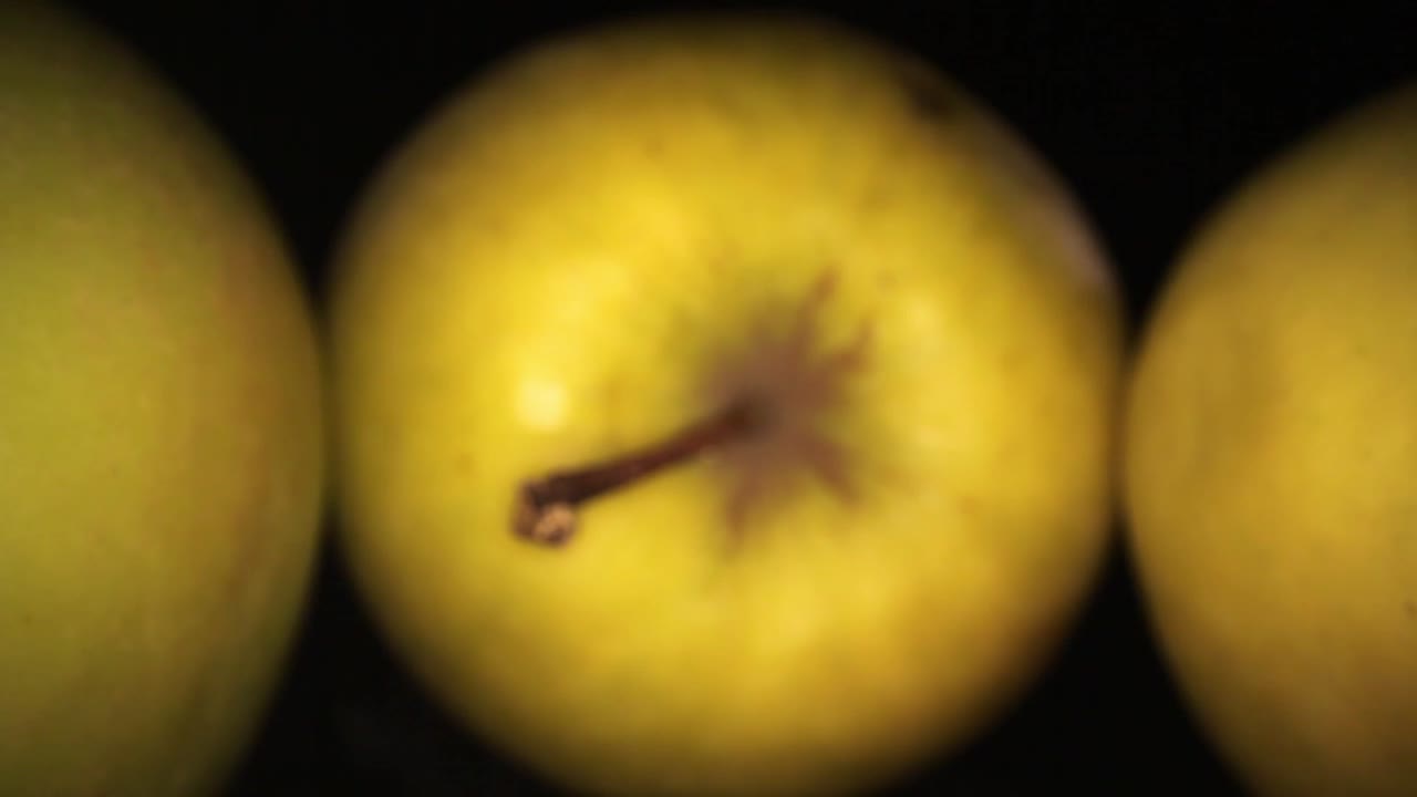 Starting at the base of an apples stem, pulling away from it, entering the cored out section of an oxidized apple all the way past the opening