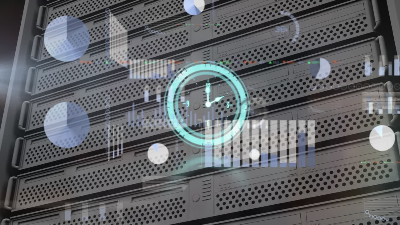 Animation of clock, graphs, trading board and loading bars against server racks in background
