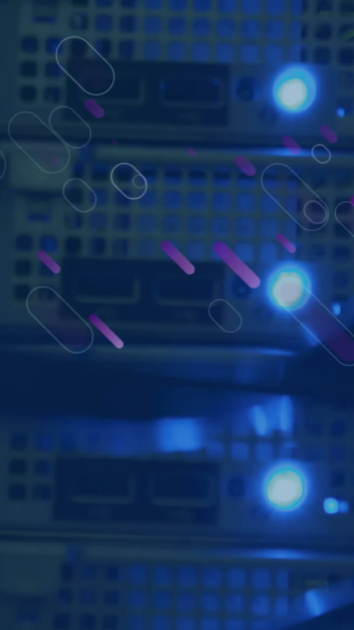 Animation of pink shapes moving over servers and wires