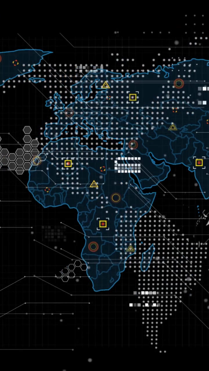 Digital animation of data processing over world map and spinning globe against black background
