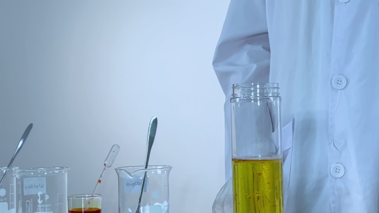 A scientist in a lab coat arranges colorful liquids and glassware for an experiment.
