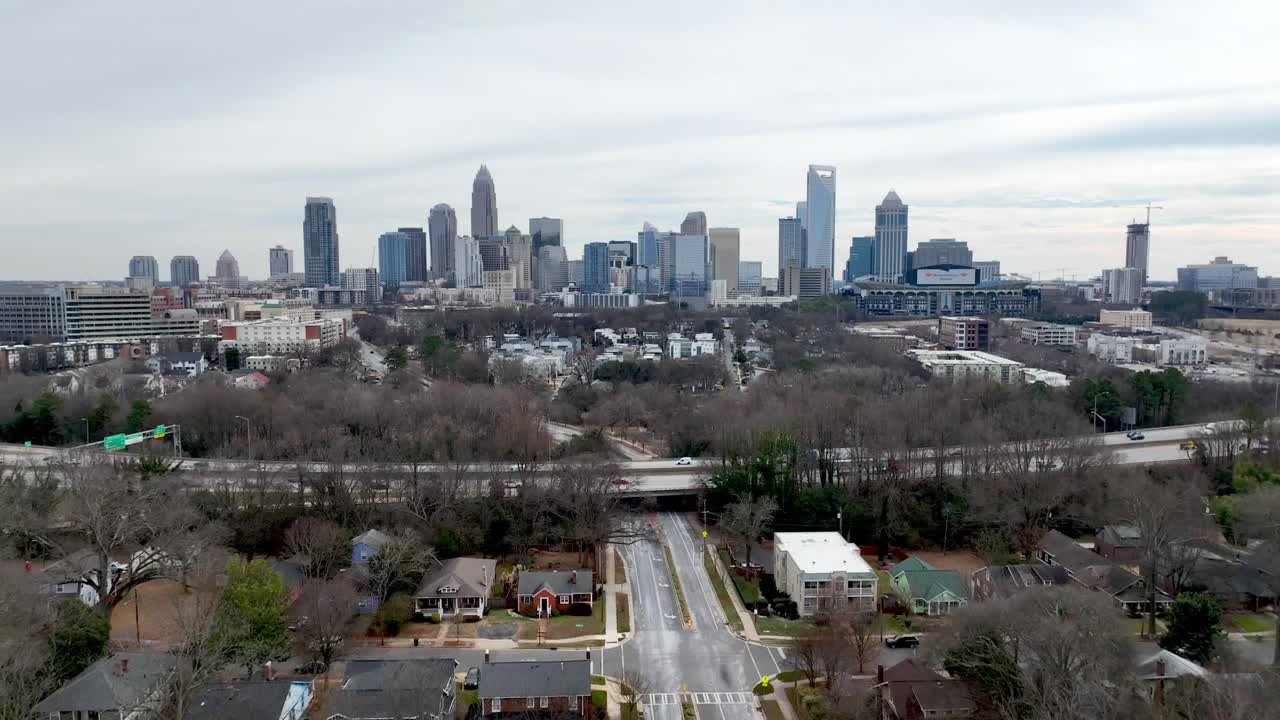 aerial wide shot pullout from the charlotte nc, north carolina skyline
