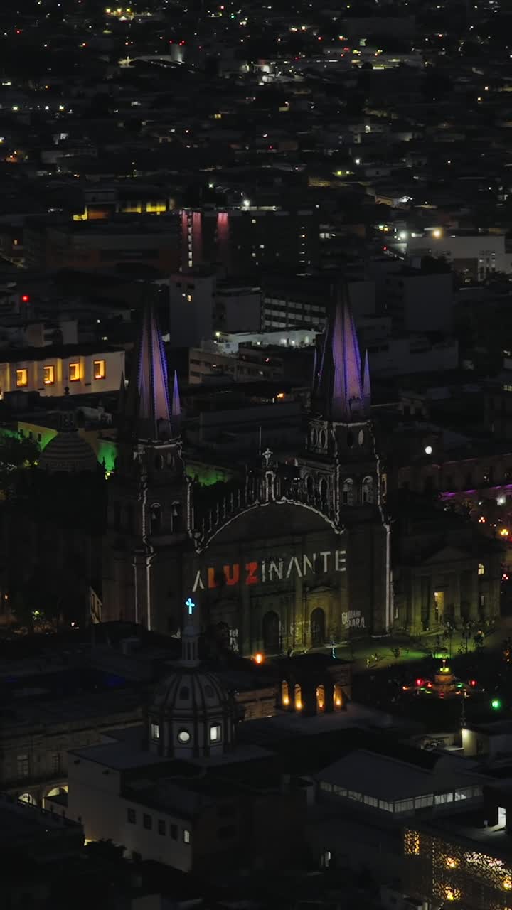 Cathedral of Guadalajara in Jalisco, Mexico. Aerial vertical at night
