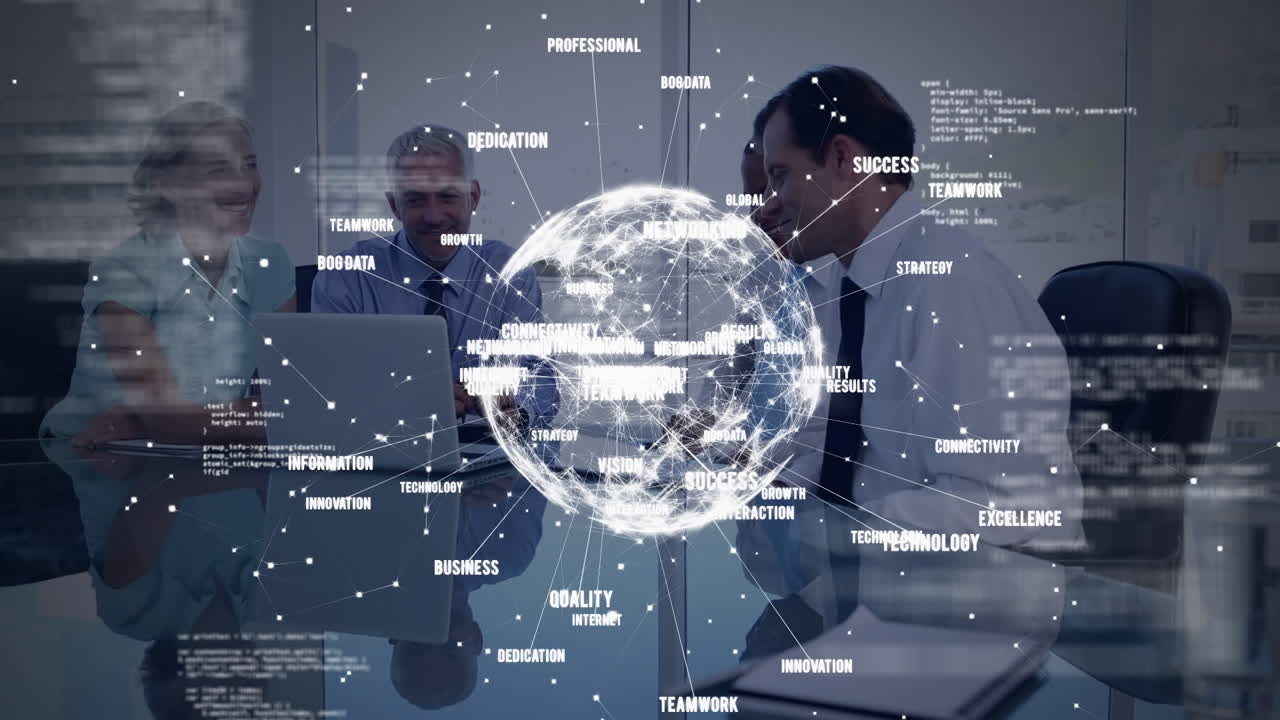 Animation of globe of network of connections with text and data processing over business meeting