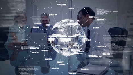 animation of globe of network of connections with text and data processing over business meeting