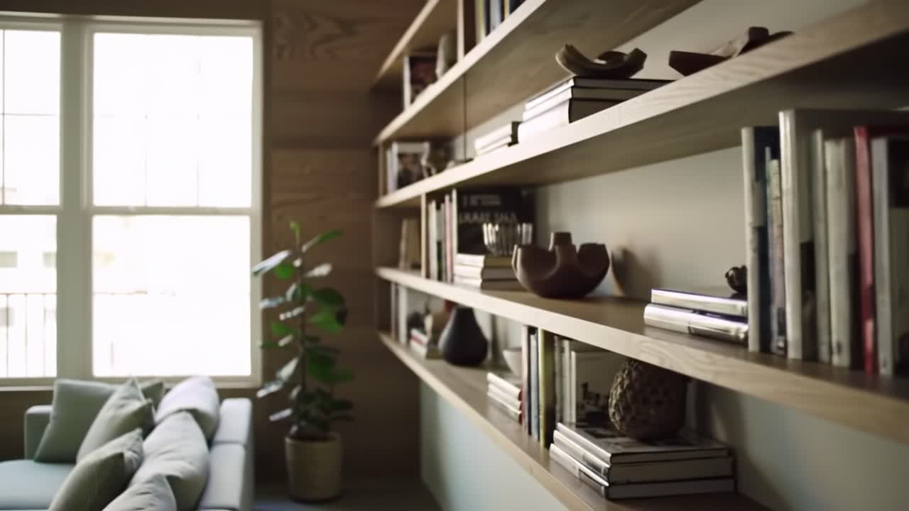 A Modern and Minimalist Interior Design Featuring Stylish Bookshelves and Decorative Elements in a Bright Living Space