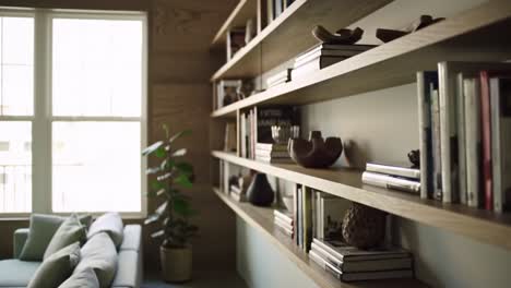 a modern and minimalist interior design featuring stylish bookshelves and decorative elements in a bright living space