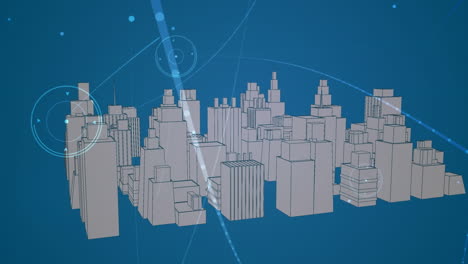 digital animation of network of connections against 3d city model spinning on blue background