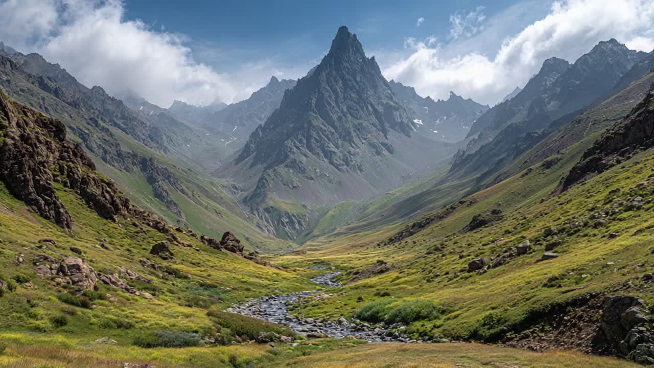 Breathtaking panoramic view of a majestic mountain range with a winding river cutting through lush green valleys under a partly cloudy sky, capturing nature's beauty and serenity