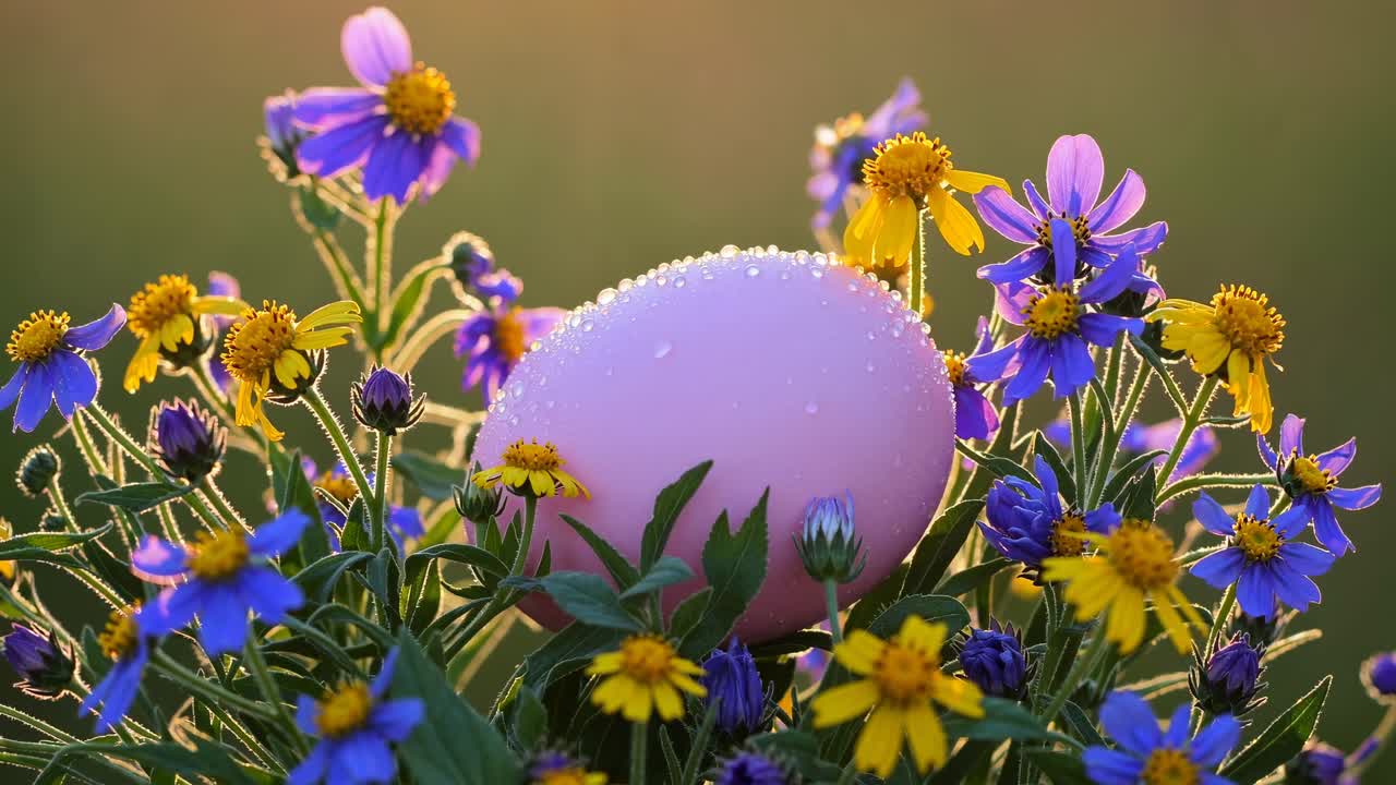 Close-up video shot of a pink egg nestled among vibrant purple and yellow flowers, capturing morning