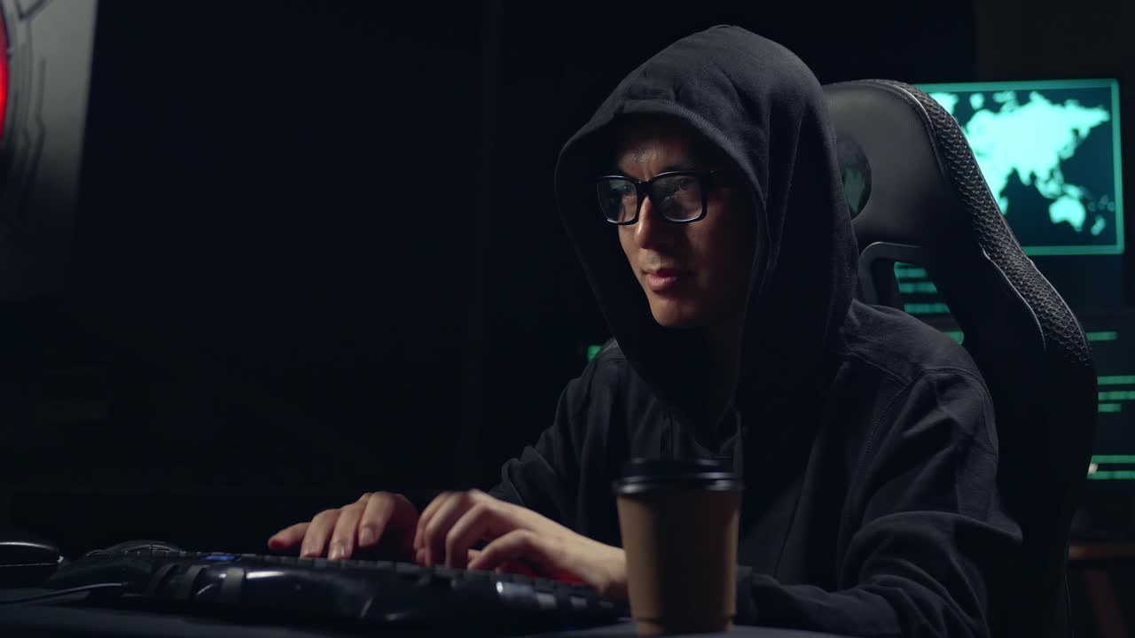 Asian Male Hacker Using Computer Hacking And Celebrating