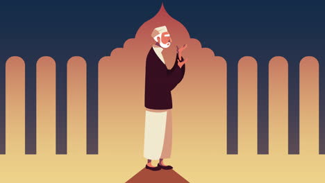 animación de ramadan kareem con un hombre musulmán orando en el templo
