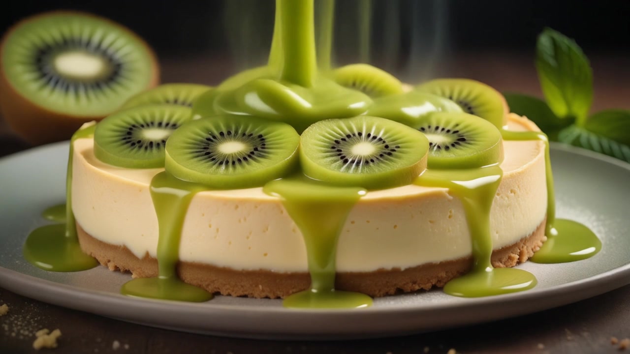 Green Kiwi Sauce Pouring Over a Creamy Cheesecake