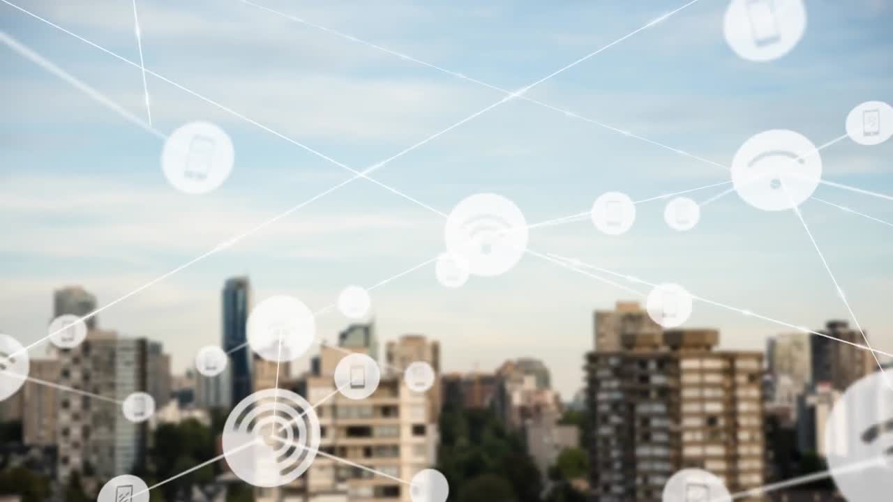 animación de la red de conexiones con iconos sobre el paisaje urbano