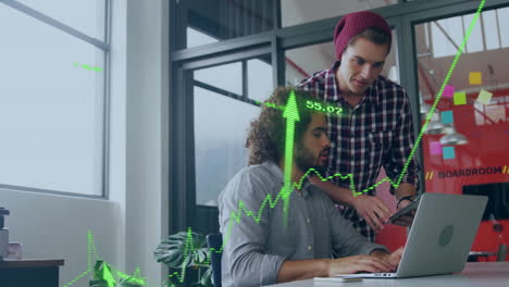 animation of financial data processing over diverse colleagues discussing work in office