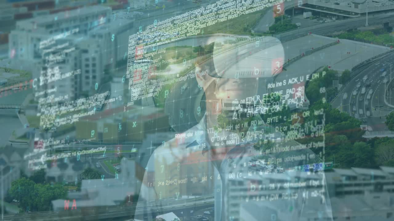사이버 보안, 데이터 처리 및 숫자 애니메이션 카우카시안 맨 인 vr 헤드