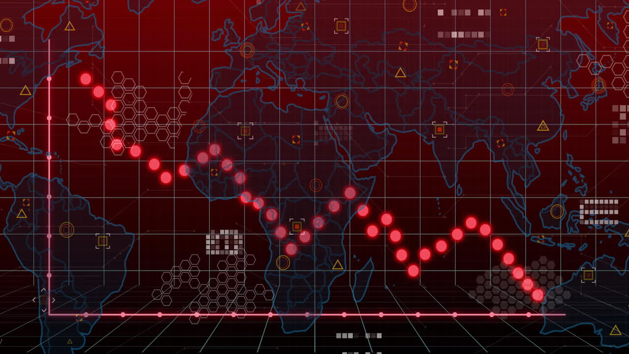 Animation of red financial graph with world map and data in background