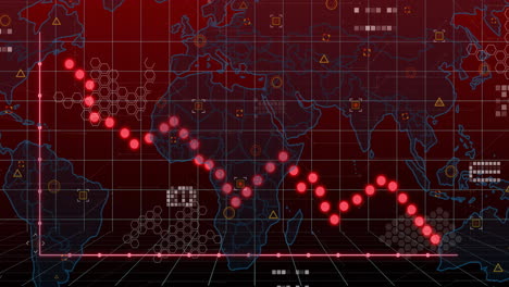 animation of red financial graph with world map and data in background