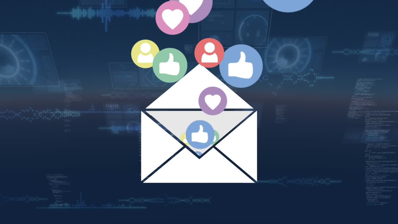 animación de iconos con sobre y procesamiento de datos