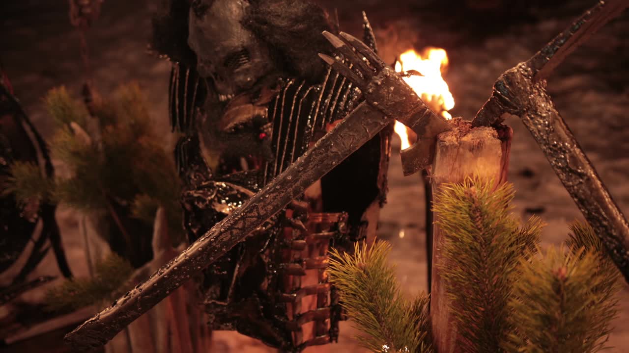 esqueleto, hachas, armas. símbolos místicos y armas de los vikingos salvajes del norte