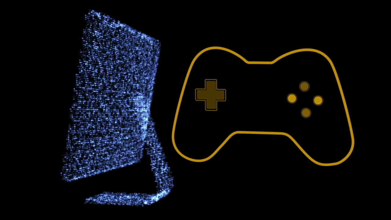 Animation of yellow video game logo with computer