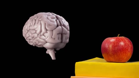 Animation-of-brain-rotating-over-black-background-with-apple