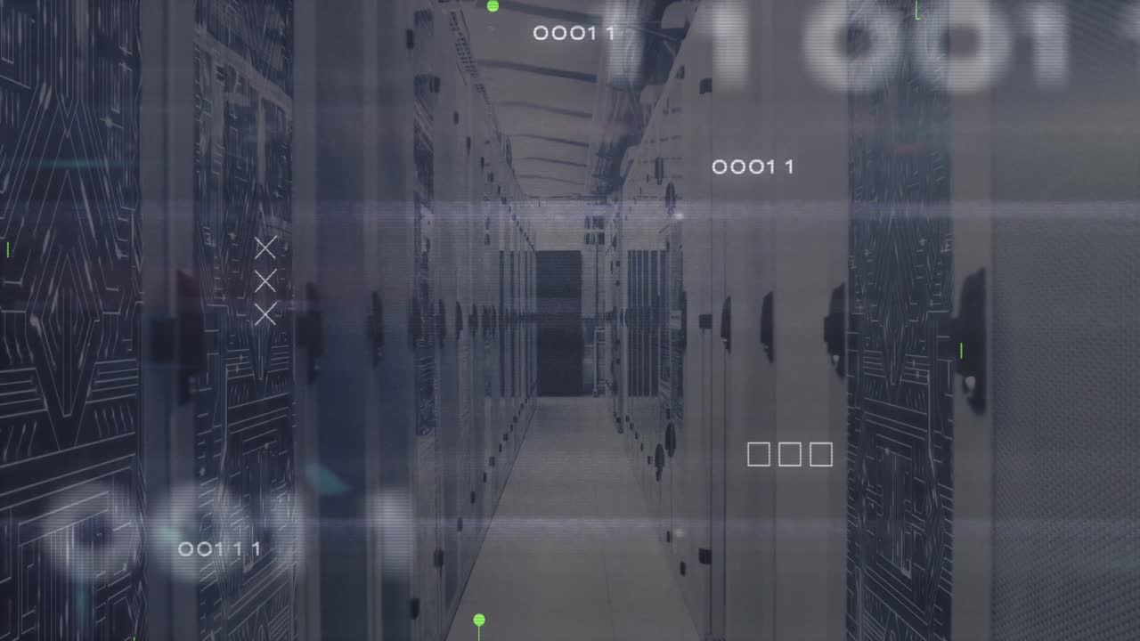 Animation of x symbol with binary codes and circuit board patterns over server room