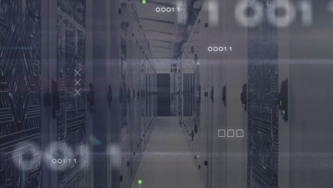 animación del símbolo x con códigos binarios y patrones de placas de circuitos sobre la sala del servidor
