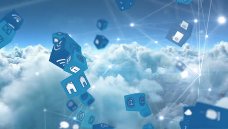 y iconos de aplicaciones en línea en cuadrados y líneas asimétricas en el cielo