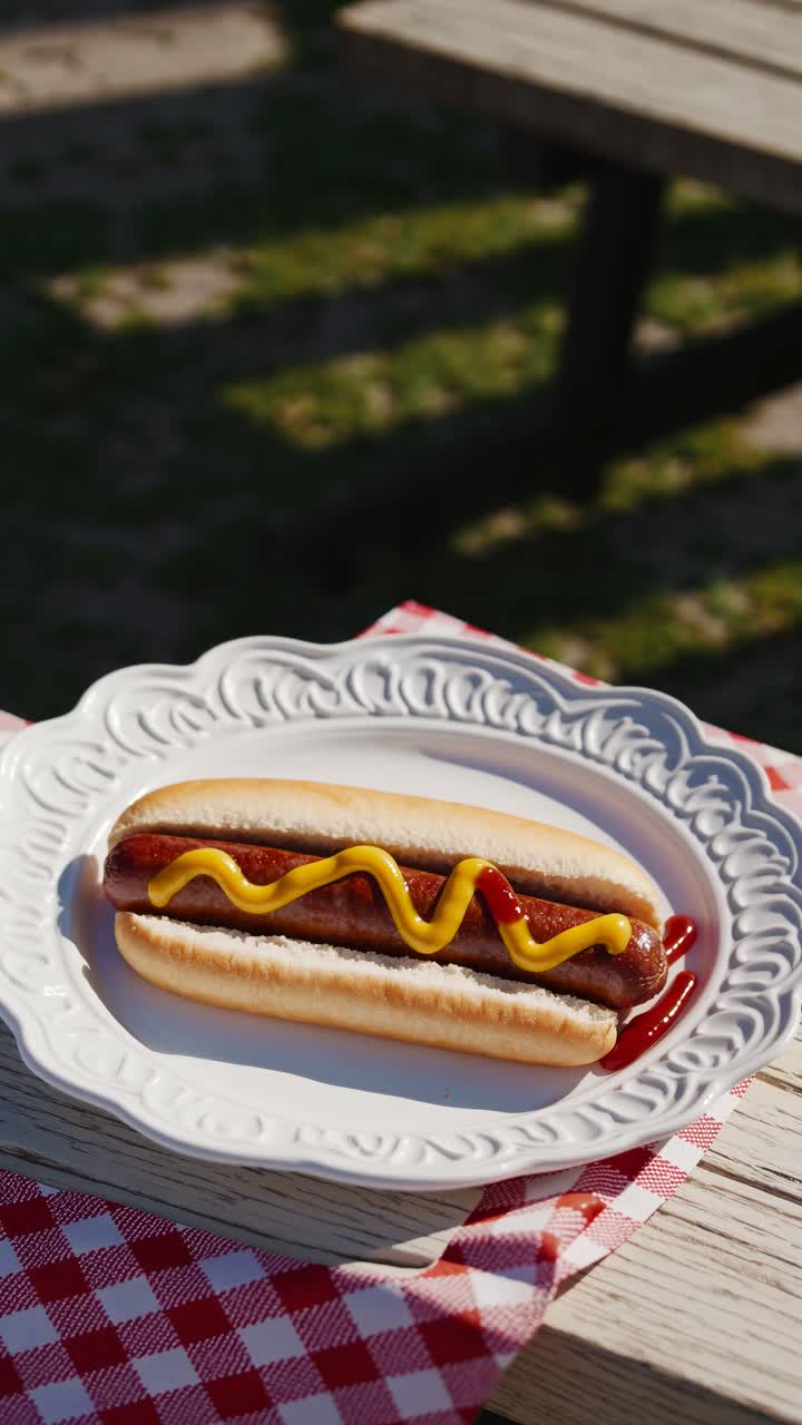 Primo piano di un hot dog con senape e ketchup su un piatto bianco, posizionato su un tavolo da picnic.