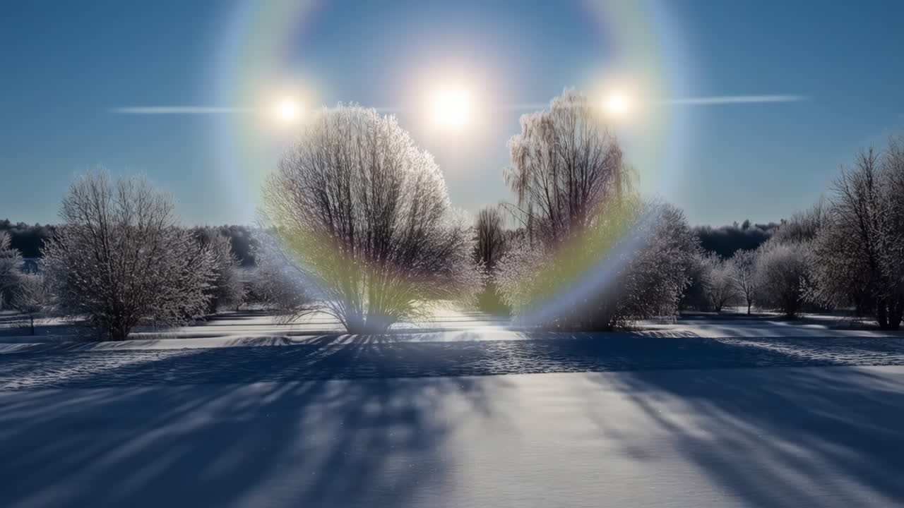 Winter landscape with snow-covered trees under a bright sun