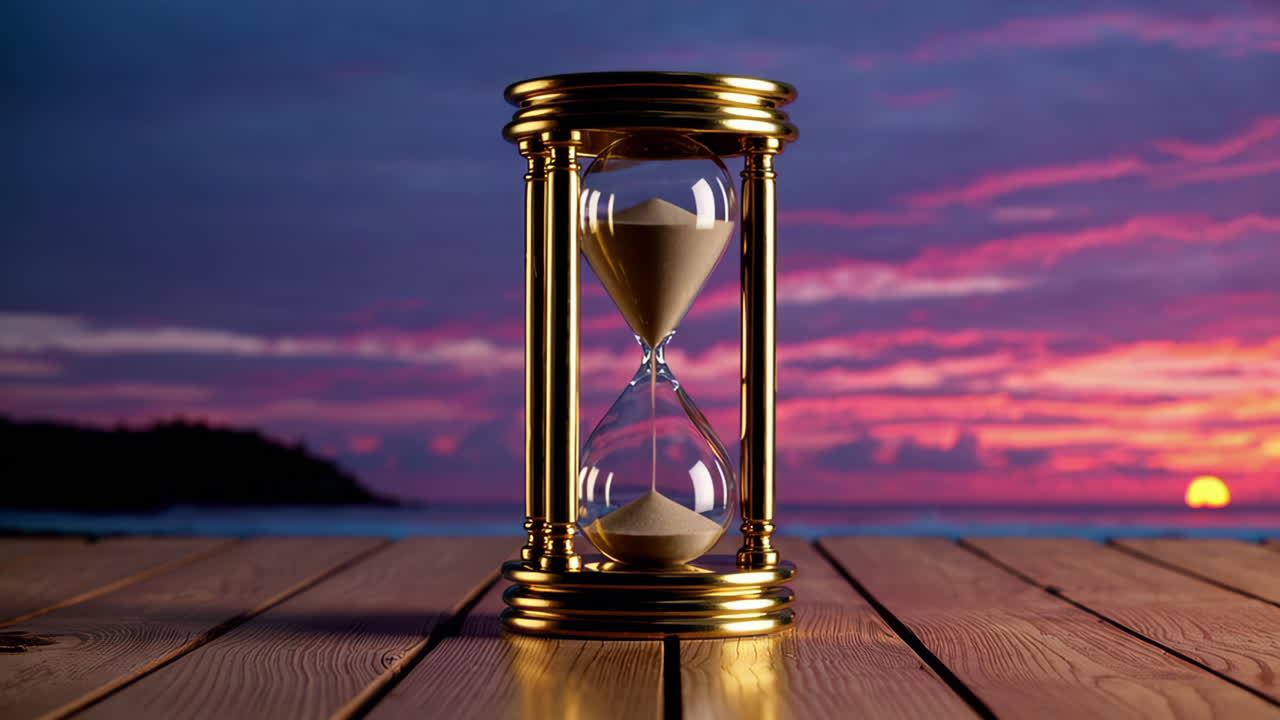 Golden Hourglass on Wooden Deck at Sunset
